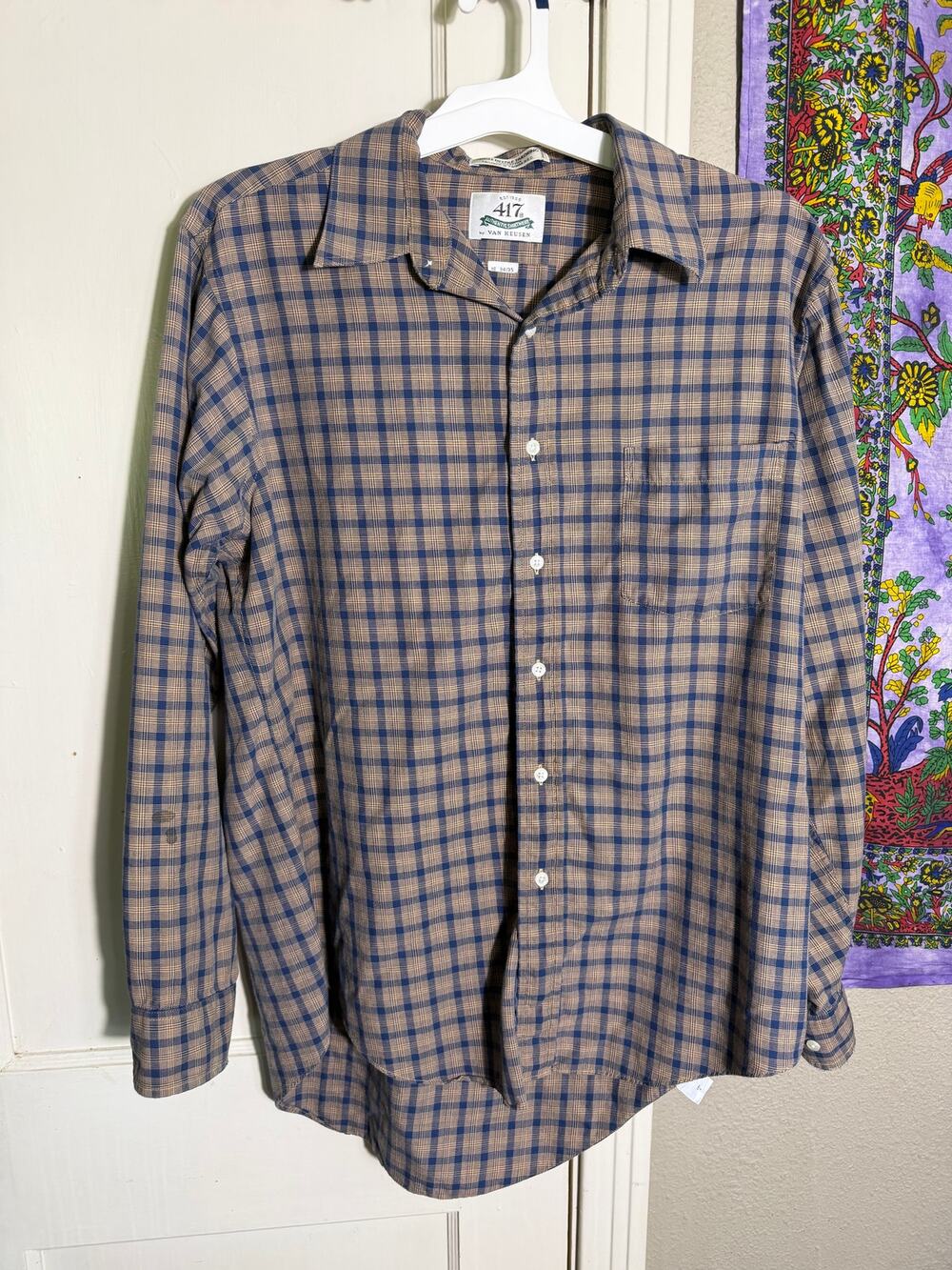 Van Heusen 417 Plaid Shirt Mens 16 34/35 Blue Brown 100% Cotton Button Up